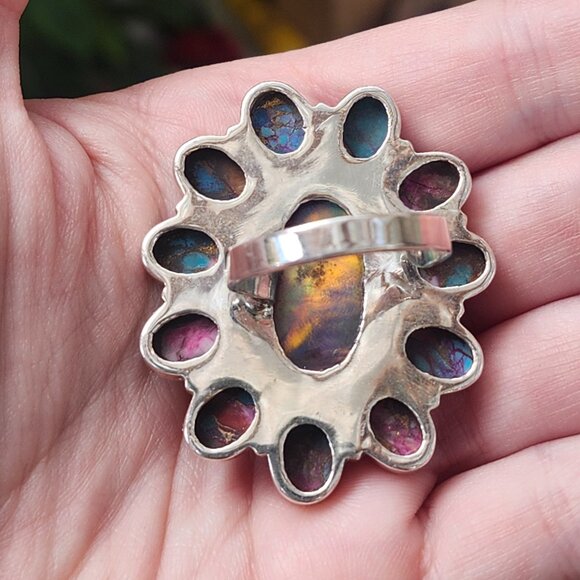Audra Ring / Sterling Silver GORGEOUS Spiny Oyster Turquoise Opal Daisy Ring - Picture 10 of 13